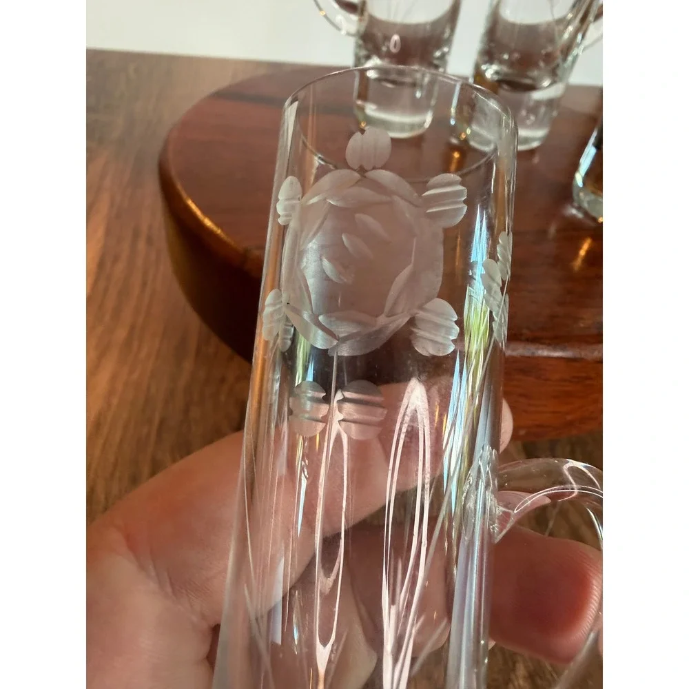 Vintage Etched Floral Cordial Glasses Set of 4 Tall Handled Liqueur Glasses
